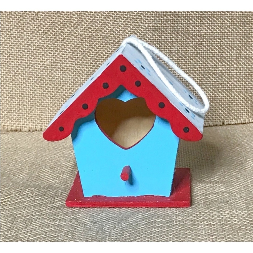 Blue Red Heart Miniature Wood Birdhouse Ornament Handmade Whimsical Cottage Core
